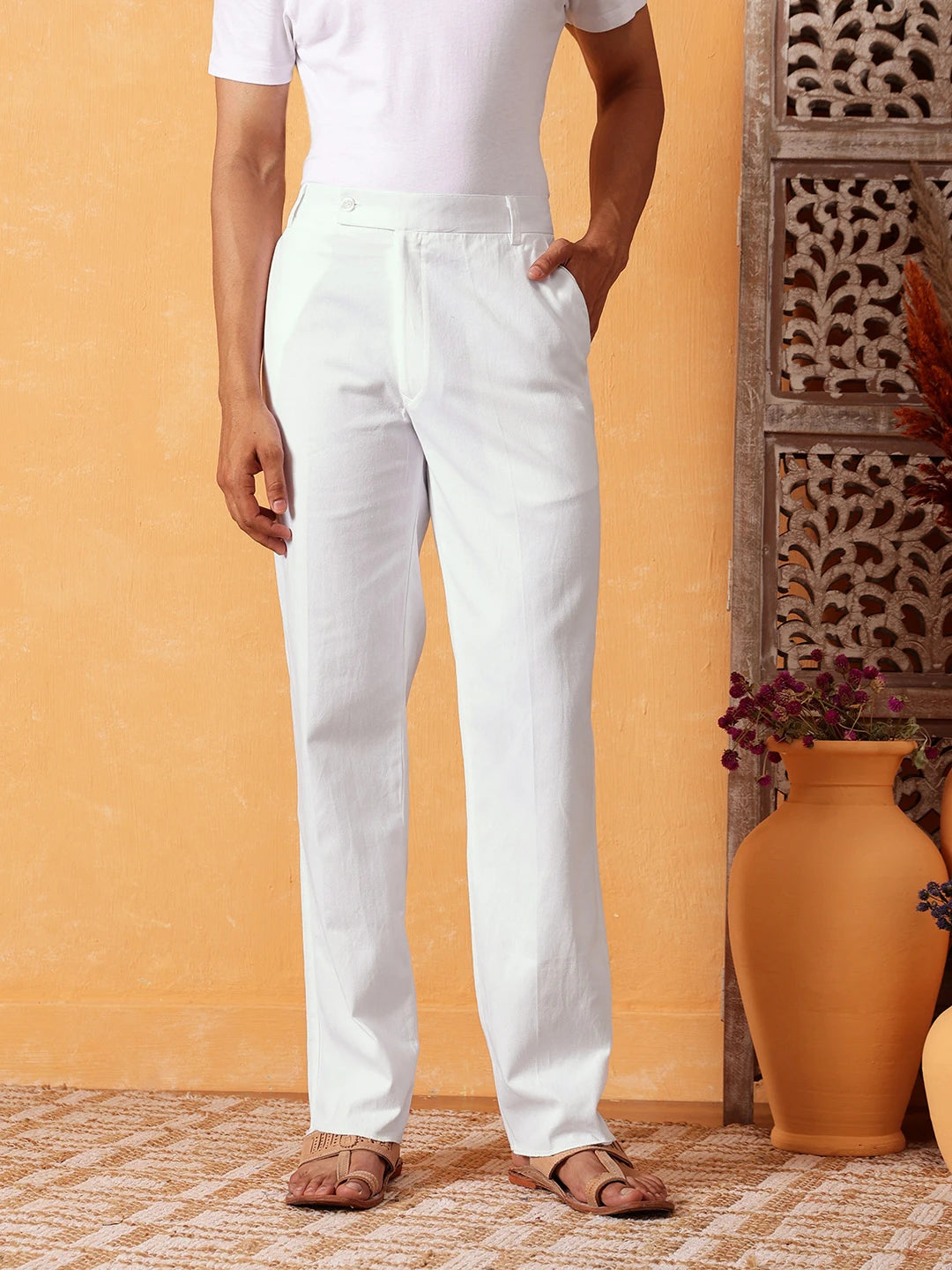 Ada White Cotton Plain Men's Pant Cut Lower A611174