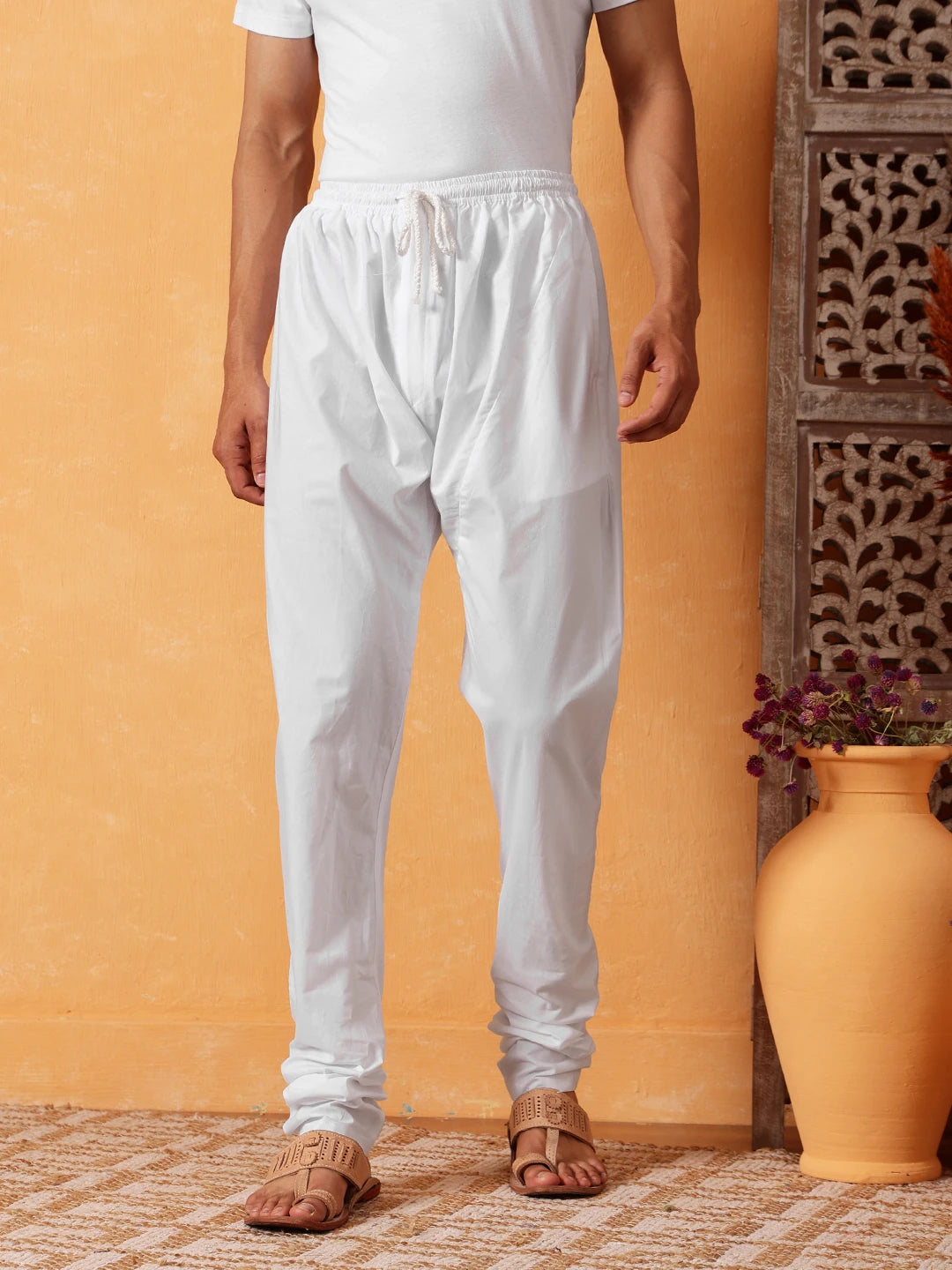 Ada White Cotton Men's Churidar A611166