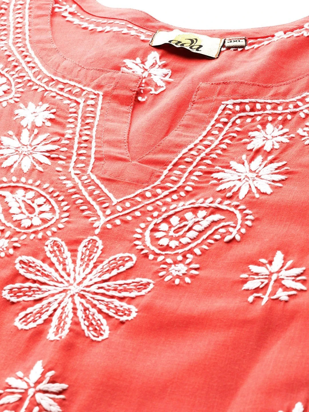 Ada Hand Embroidered Coral Red Cotton Lucknow Chikan Kurta A210493