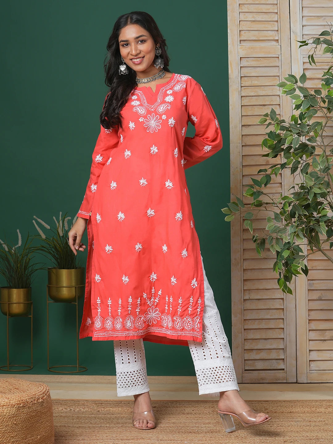 Ada Hand Embroidered Coral Red Cotton Lucknow Chikan Kurta A210493