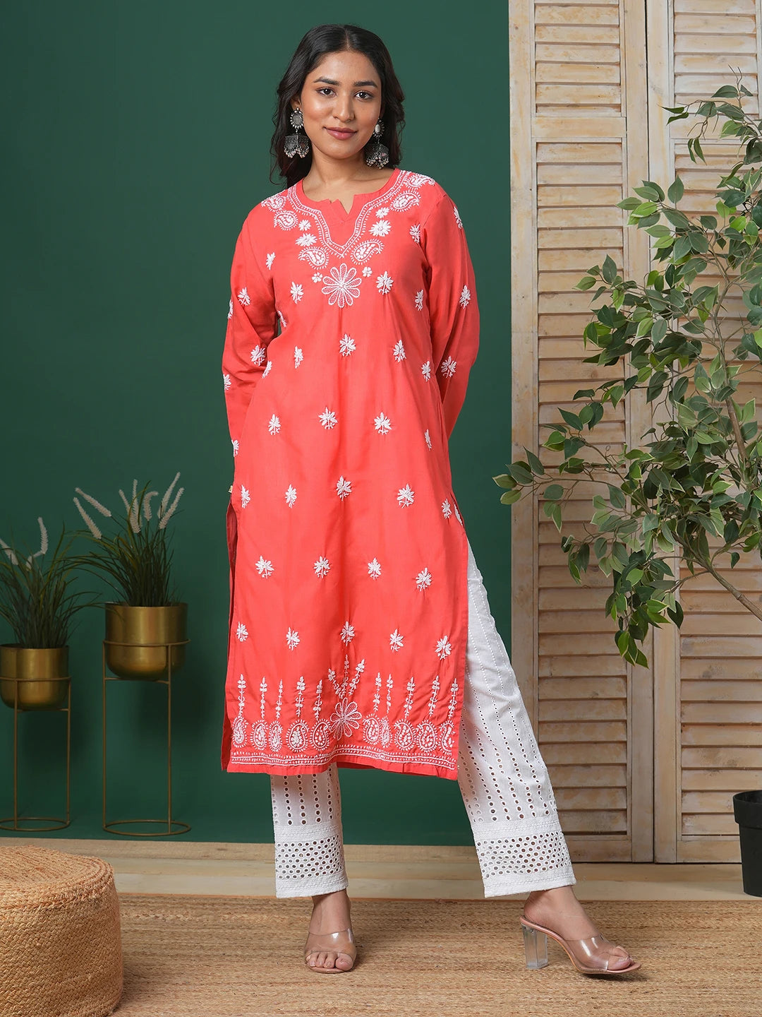 Ada Hand Embroidered Coral Red Cotton Lucknow Chikan Kurta A210493