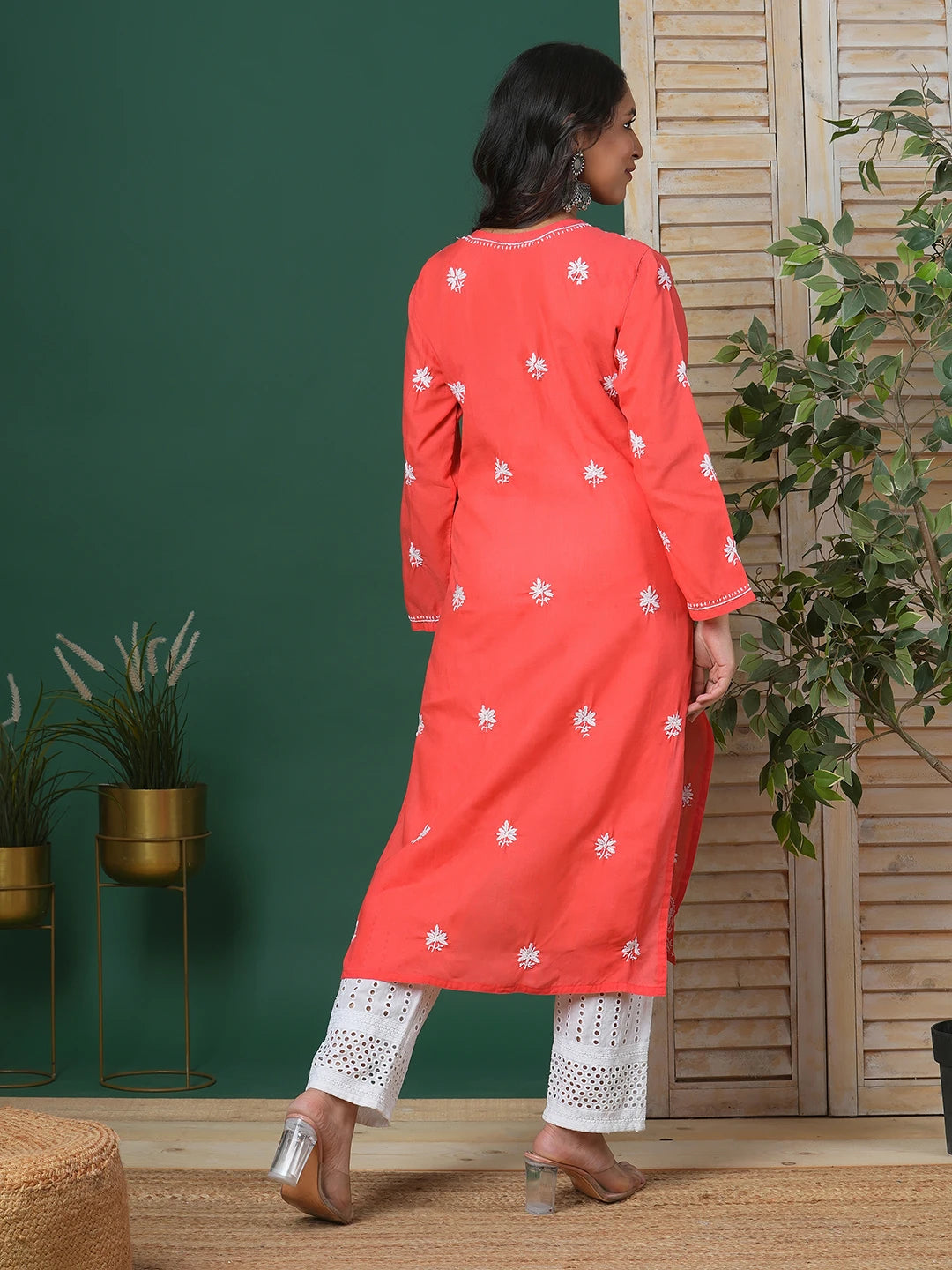 Ada Hand Embroidered Coral Red Cotton Lucknow Chikan Kurta A210493