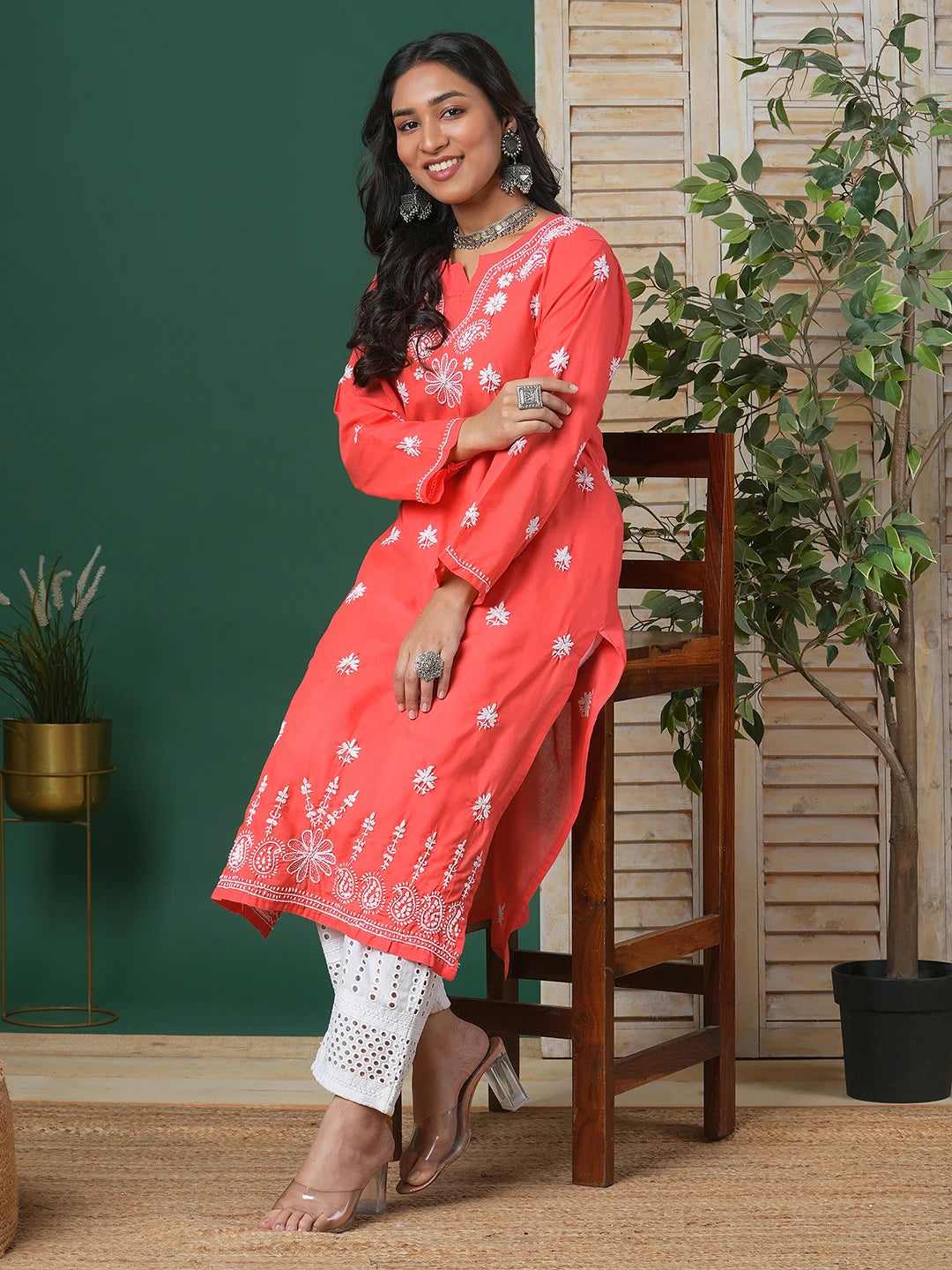 Ada Hand Embroidered Coral Red Cotton Lucknow Chikan Kurta A210493
