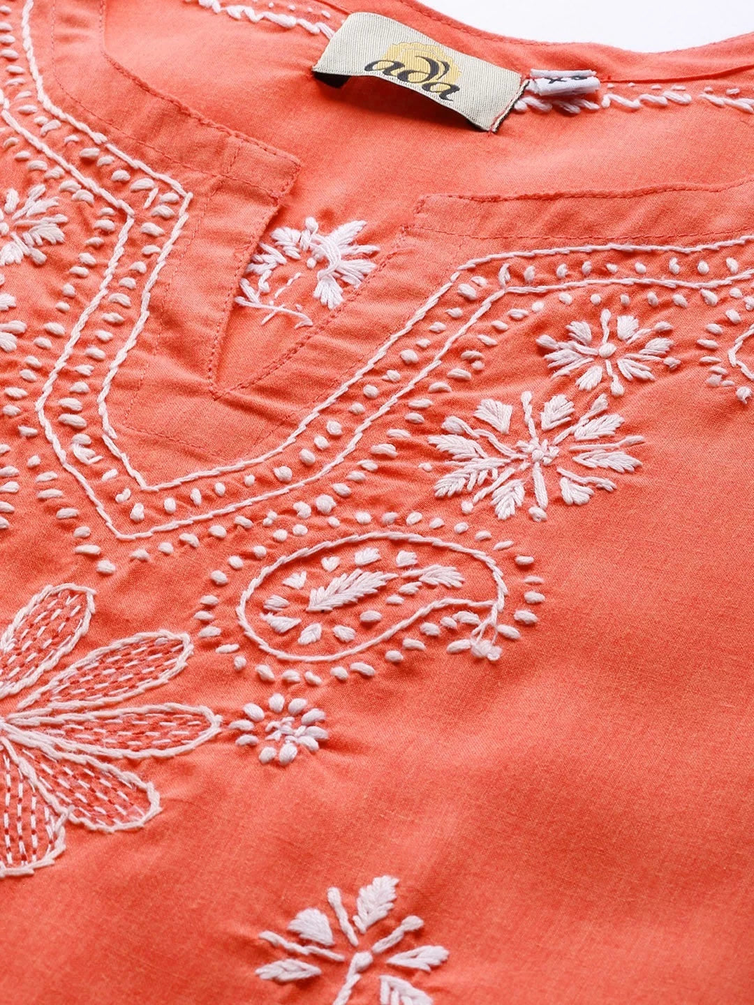 Ada Hand Embroidered Rust Cotton Lucknowi Chikankari Straight Kurta A100361