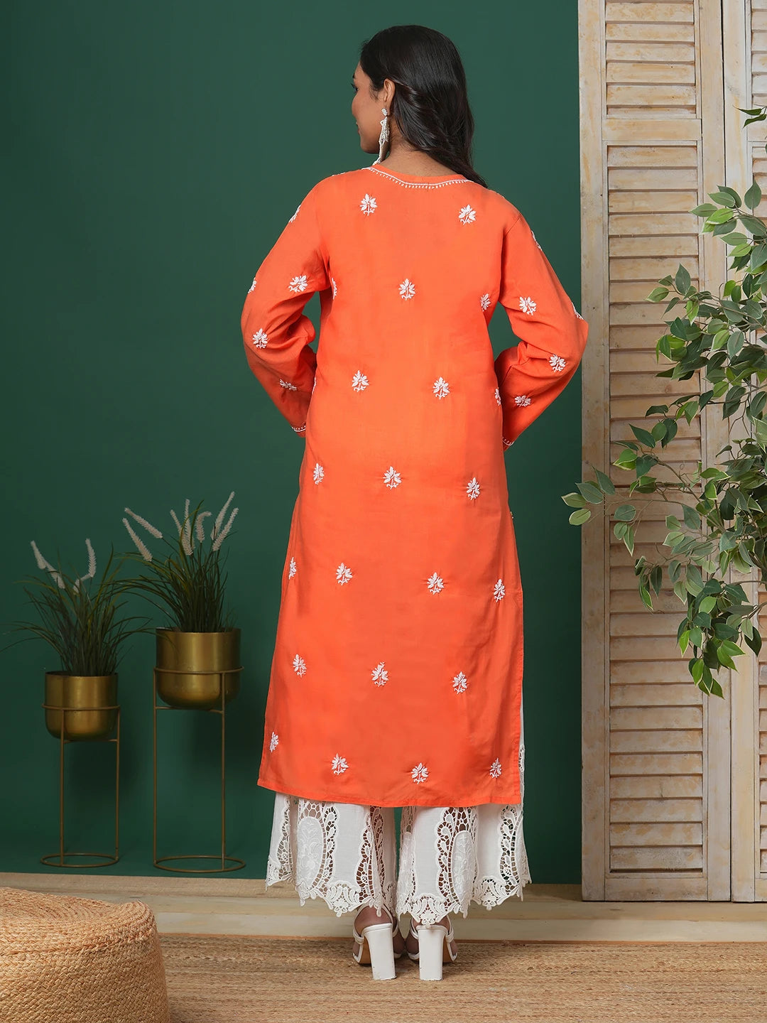 Ada Hand Embroidered Rust Cotton Lucknowi Chikankari Straight Kurta A100361
