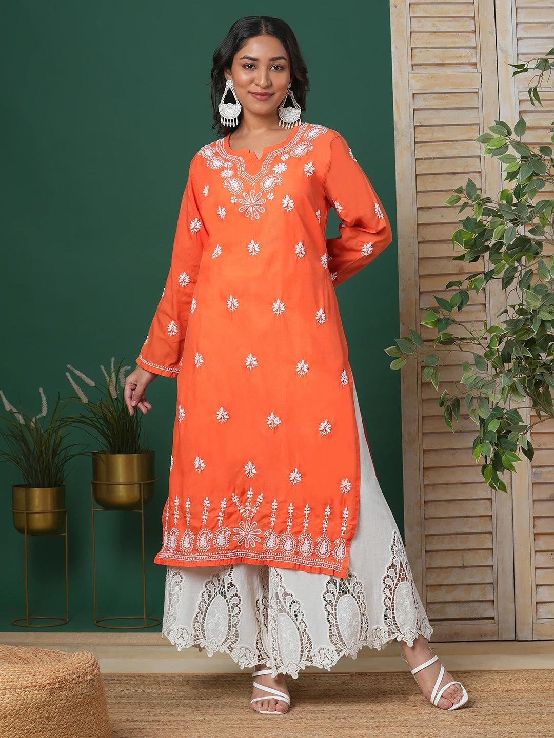 Ada Hand Embroidered Rust Cotton Lucknowi Chikankari Straight Kurta A100361