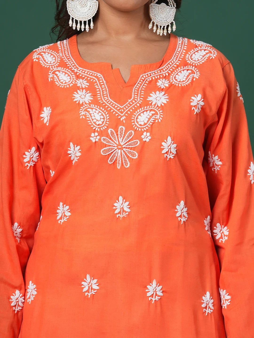 Ada Hand Embroidered Rust Cotton Lucknowi Chikankari Straight Kurta A100361