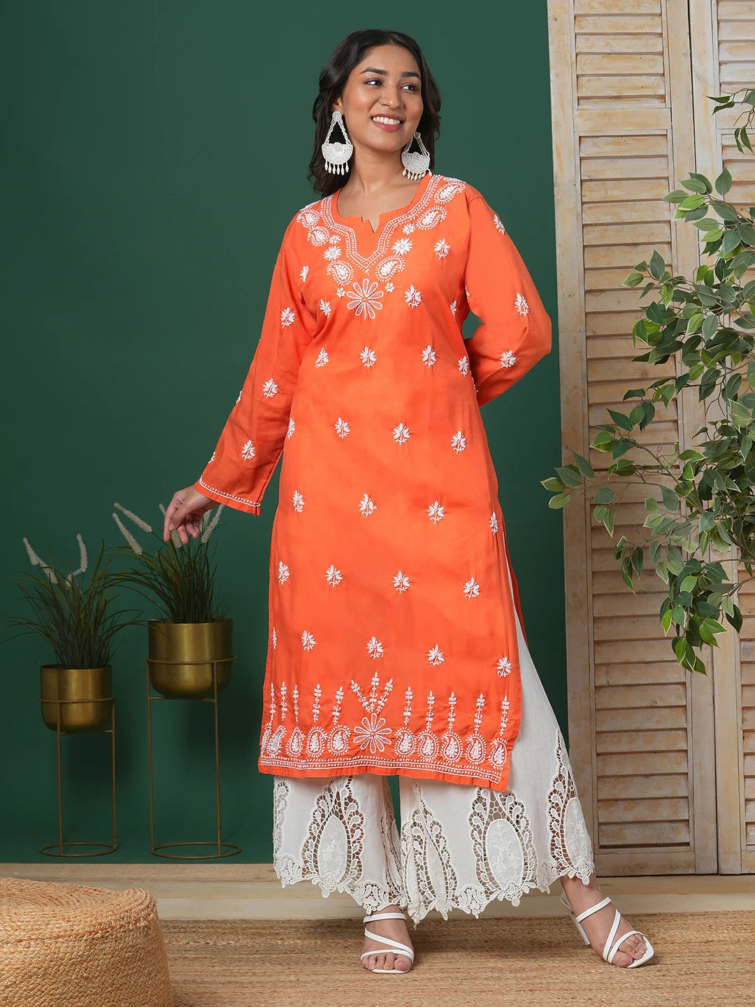 Ada Hand Embroidered Rust Cotton Lucknowi Chikankari Straight Kurta A100361