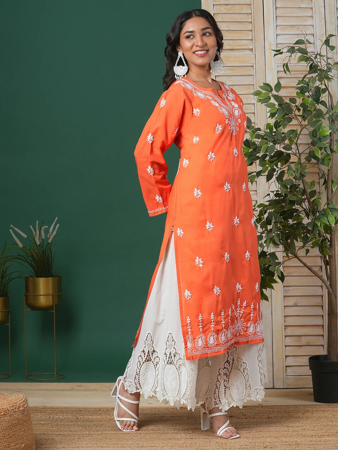 Ada Hand Embroidered Rust Cotton Lucknowi Chikankari Straight Kurta A100361