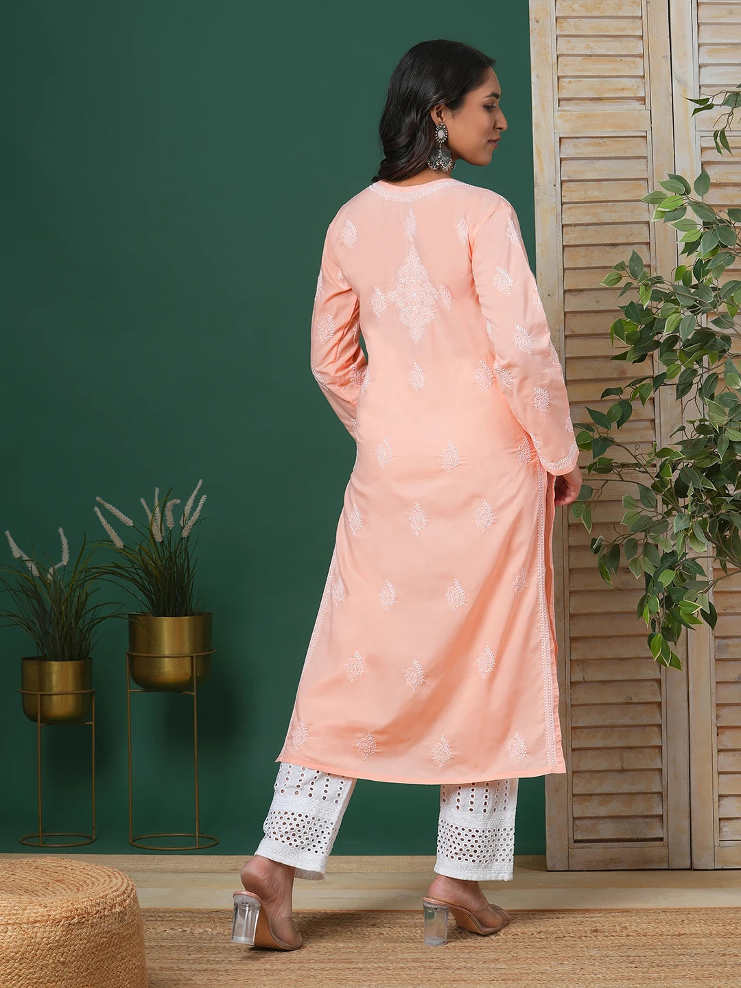 Ada Hand Embroidered Peach Cotton Lucknowi Chikankari Straight Kurta A411689
