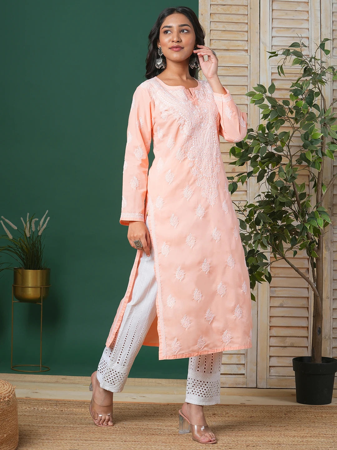 Ada Hand Embroidered Peach Cotton Lucknowi Chikankari Straight Kurta A411689