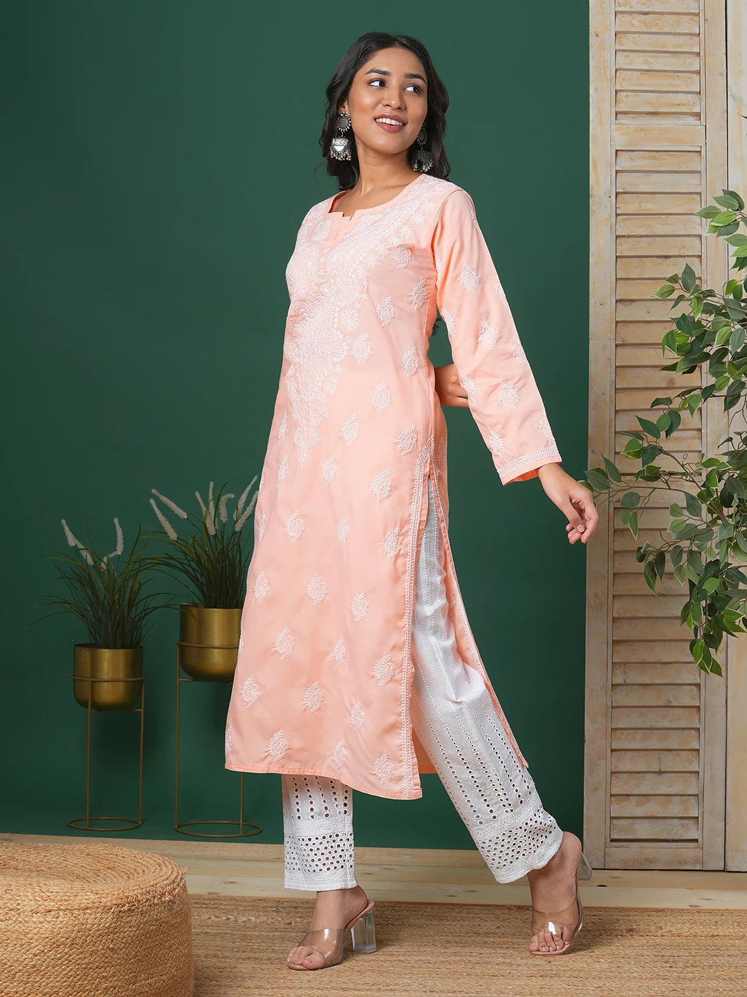 Ada Hand Embroidered Peach Cotton Lucknowi Chikankari Straight Kurta A411689