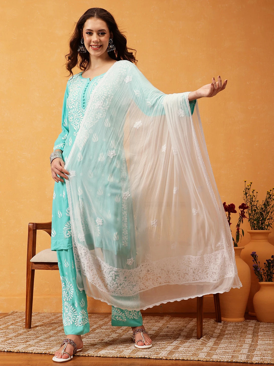Ada Hand Embroidered White Chiffon Lucknowi Chikankari Dupatta A511223