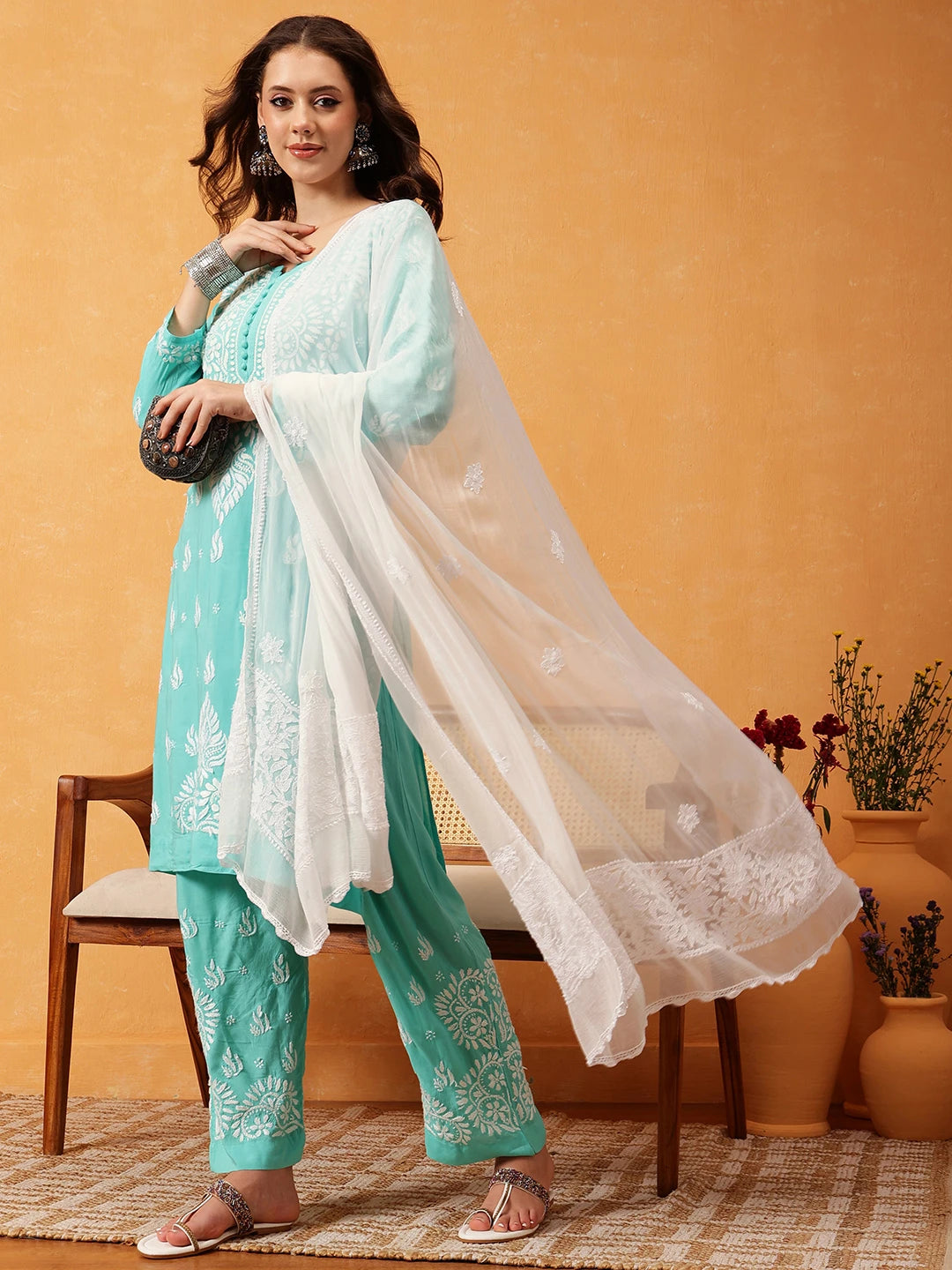 Ada Hand Embroidered White Chiffon Lucknowi Chikankari Dupatta A511223