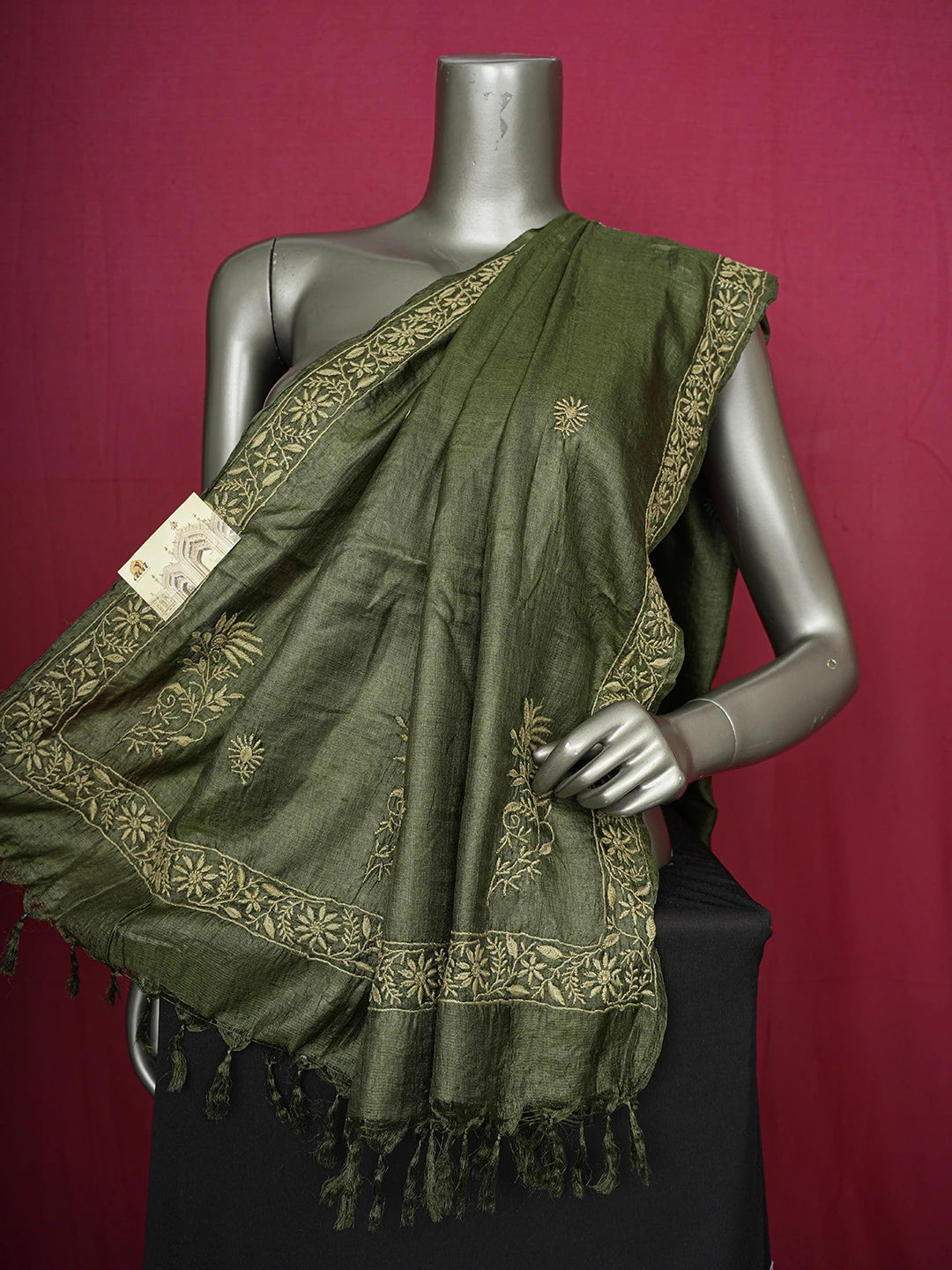 Ada Hand Embroidered Mehandi Green Silk Lucknowi Chikankari Dupatta 01A470311