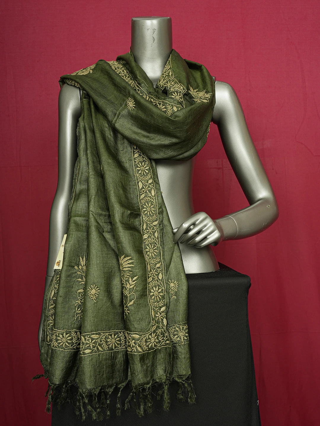 Ada Hand Embroidered Mehandi Green Silk Lucknowi Chikankari Dupatta 01A470311