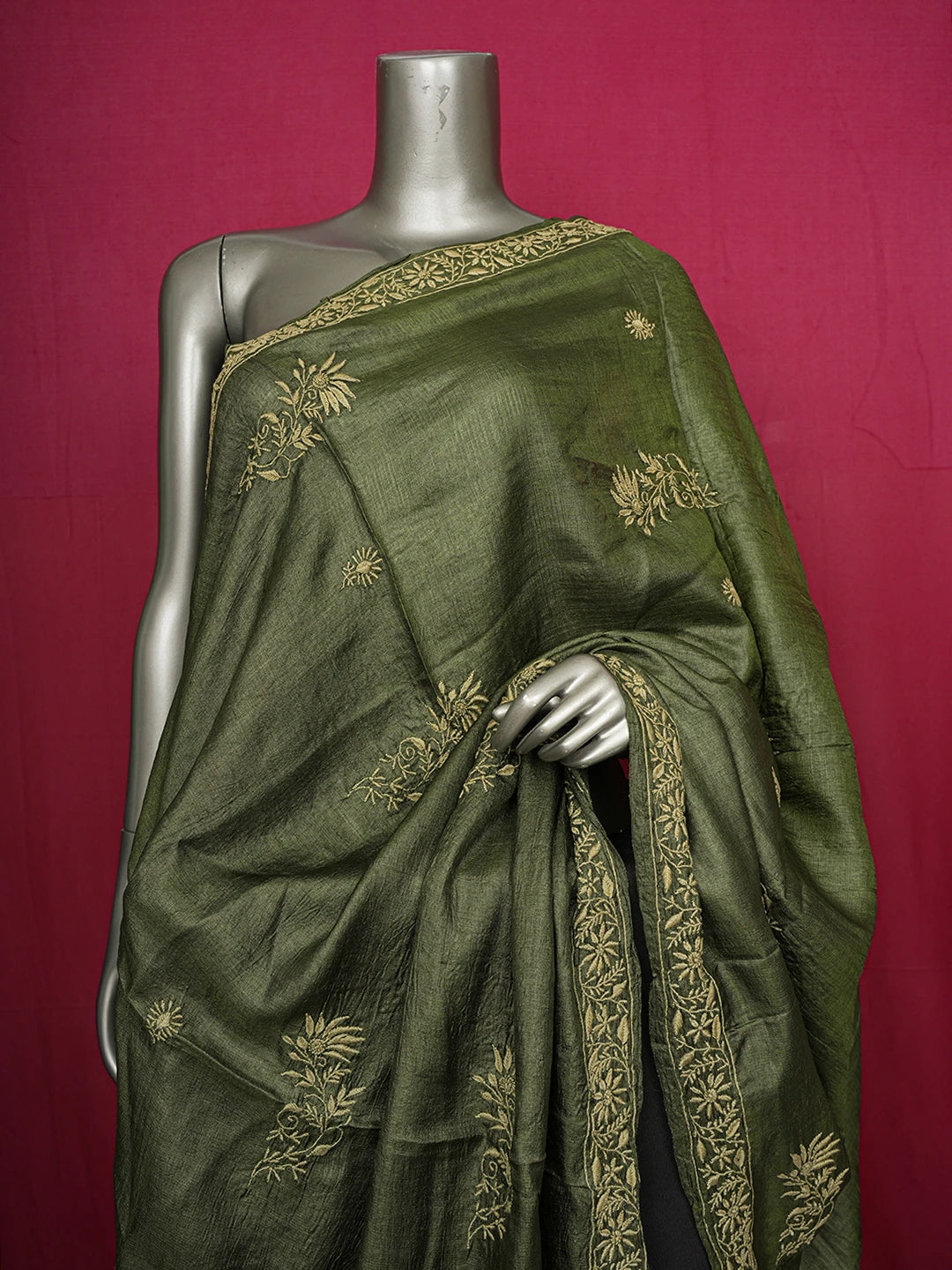 Ada Hand Embroidered Mehandi Green Silk Lucknowi Chikankari Dupatta 01A470311