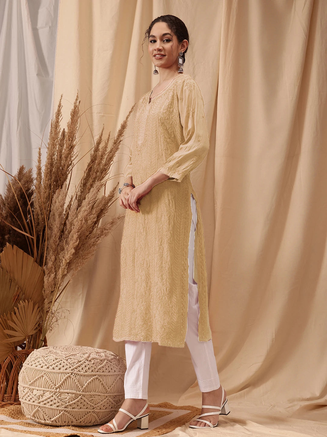 Ada Hand Embroidered Fawn Muslin Lucknowi Chikankari straight Kurta A411658