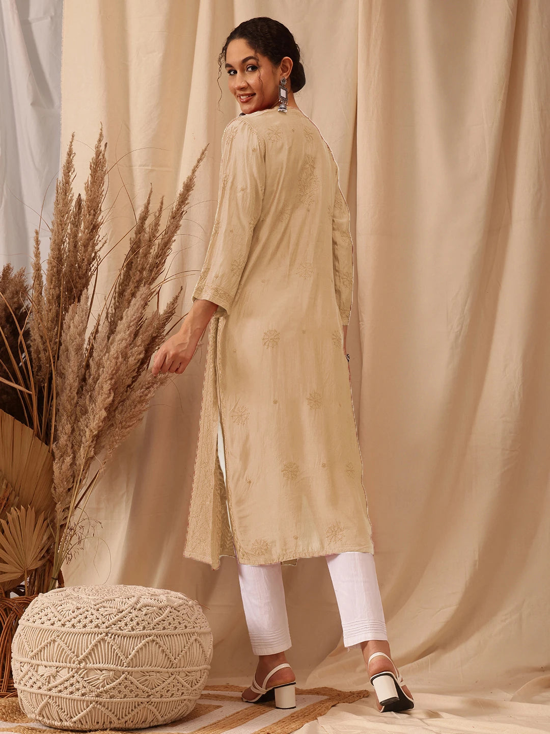Ada Hand Embroidered Fawn Muslin Lucknowi Chikankari straight Kurta A411658