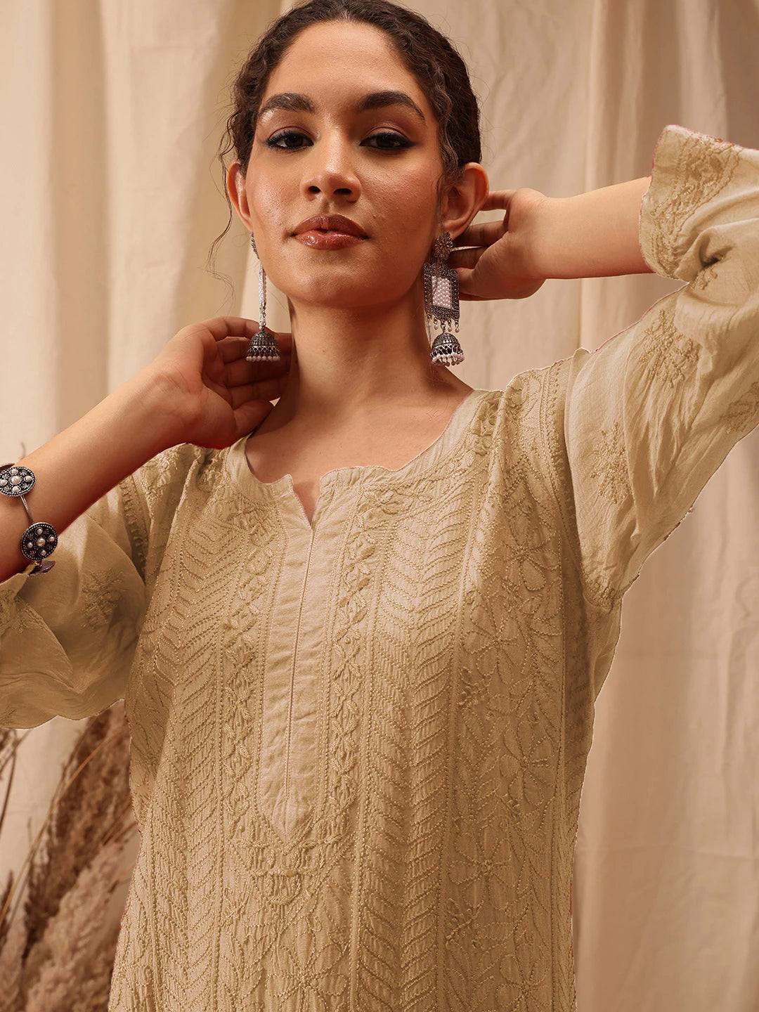 Ada Hand Embroidered Fawn Muslin Lucknowi Chikankari straight Kurta A411658
