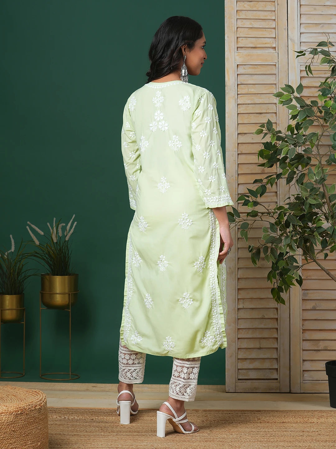 Ada Hand Embroidered Light Green Cotton Lucknowi Chikankari Straight Kurta A411698