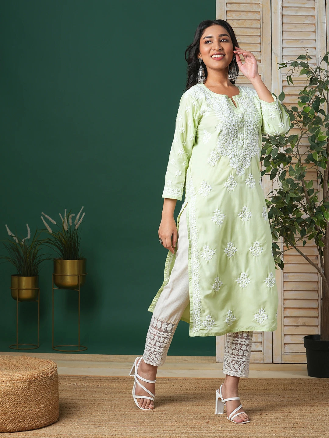 Ada Hand Embroidered Light Green Cotton Lucknowi Chikankari Straight Kurta A411698