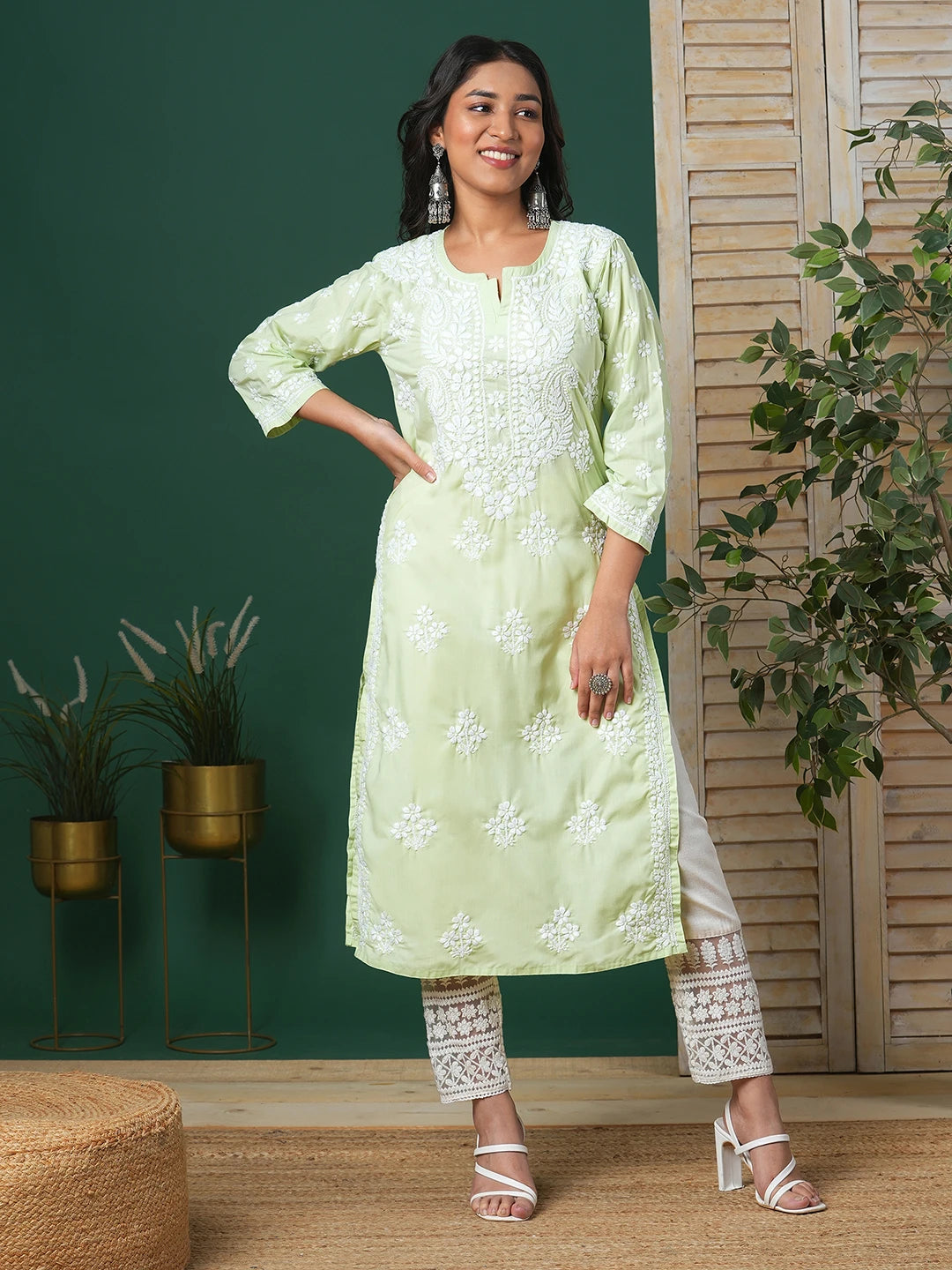 Ada Hand Embroidered Light Green Cotton Lucknowi Chikankari Straight Kurta A411698
