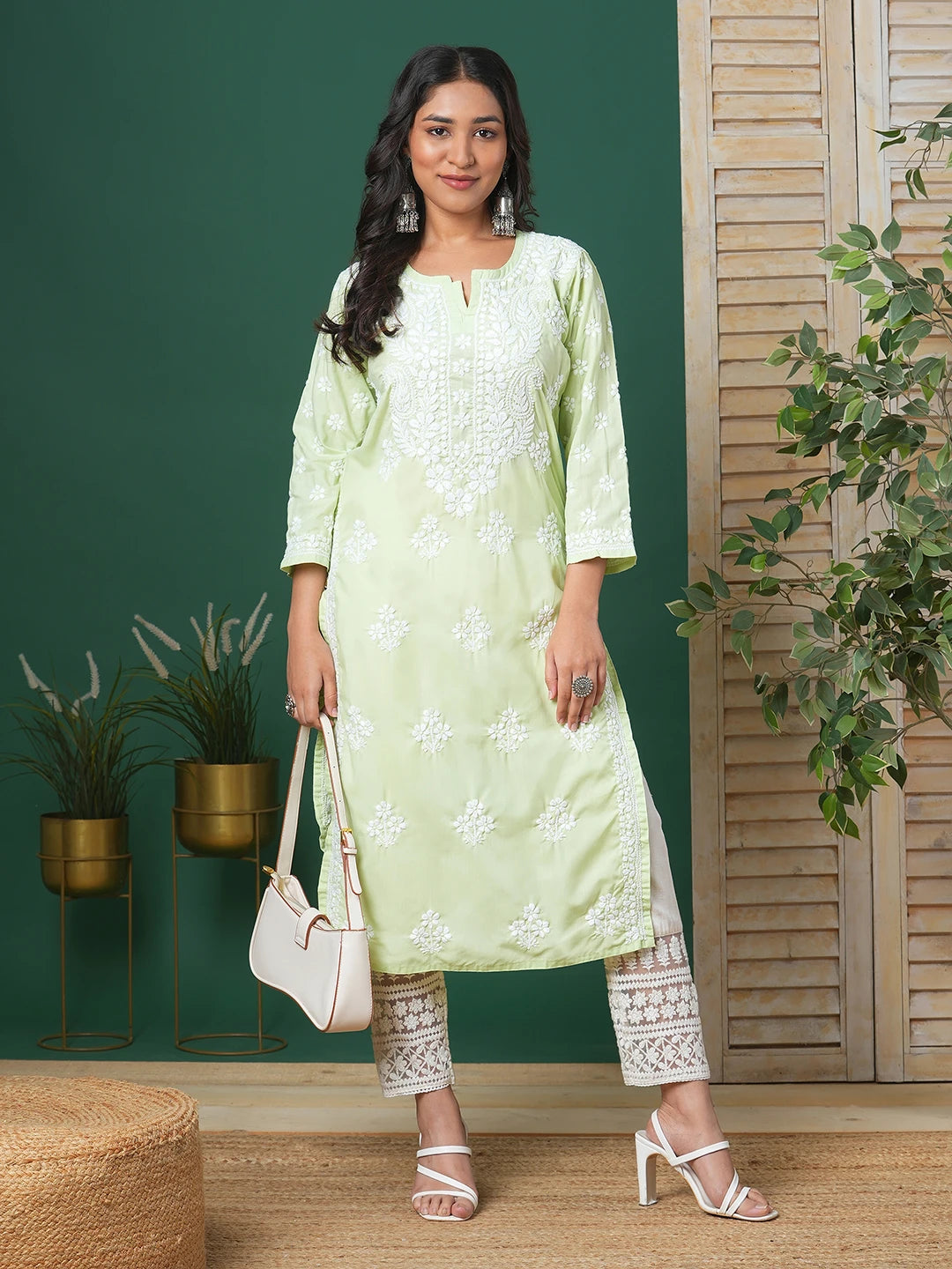 Ada Hand Embroidered Light Green Cotton Lucknowi Chikankari Straight Kurta A411698