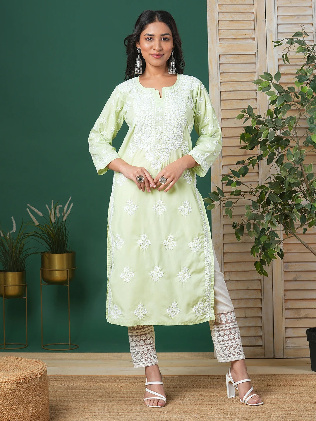 Ada Hand Embroidered Light Green Cotton Lucknowi Chikankari Straight Kurta A411698