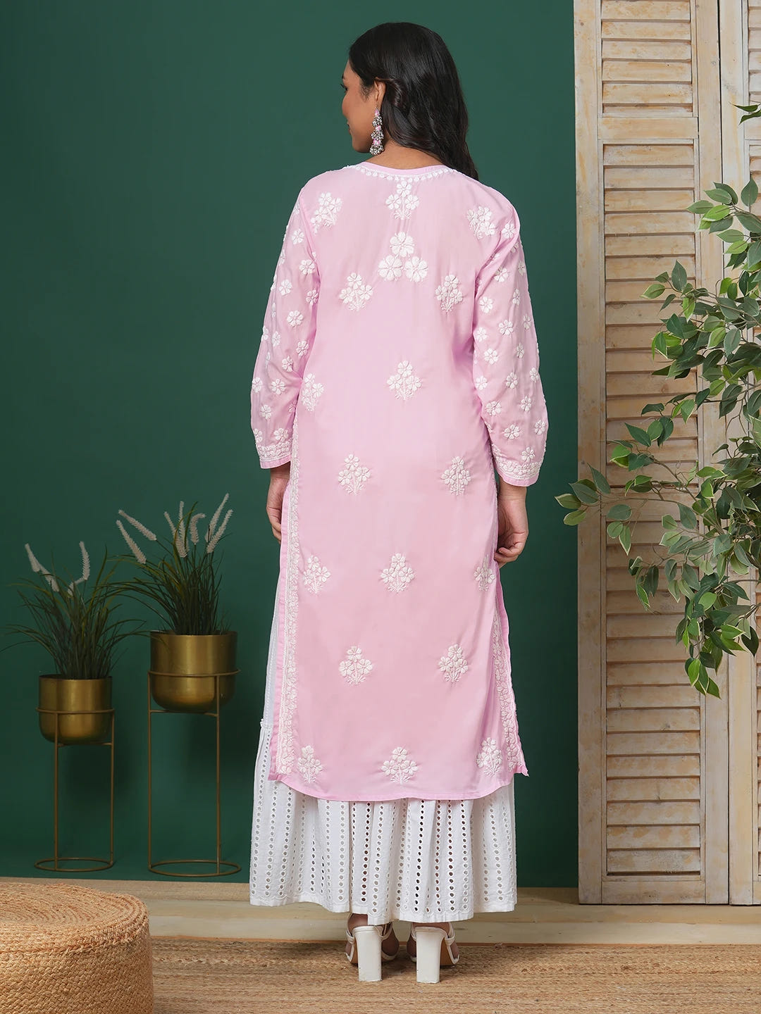 Ada Hand Embroidered Pink Cotton Lucknowi Chikankari Straight Kurta A411699