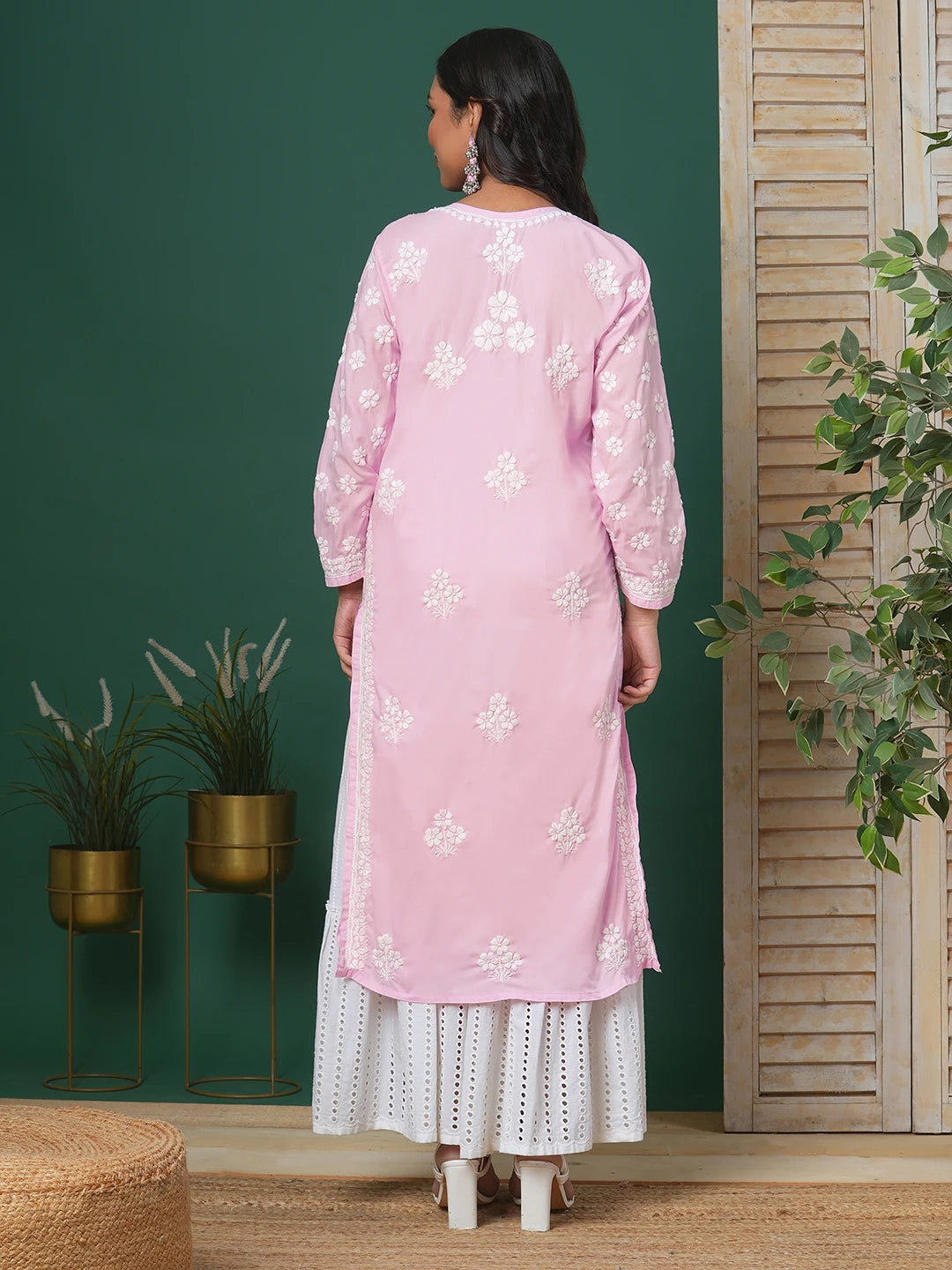 Ada Hand Embroidered Pink Cotton Lucknowi Chikankari Straight Kurta A411699