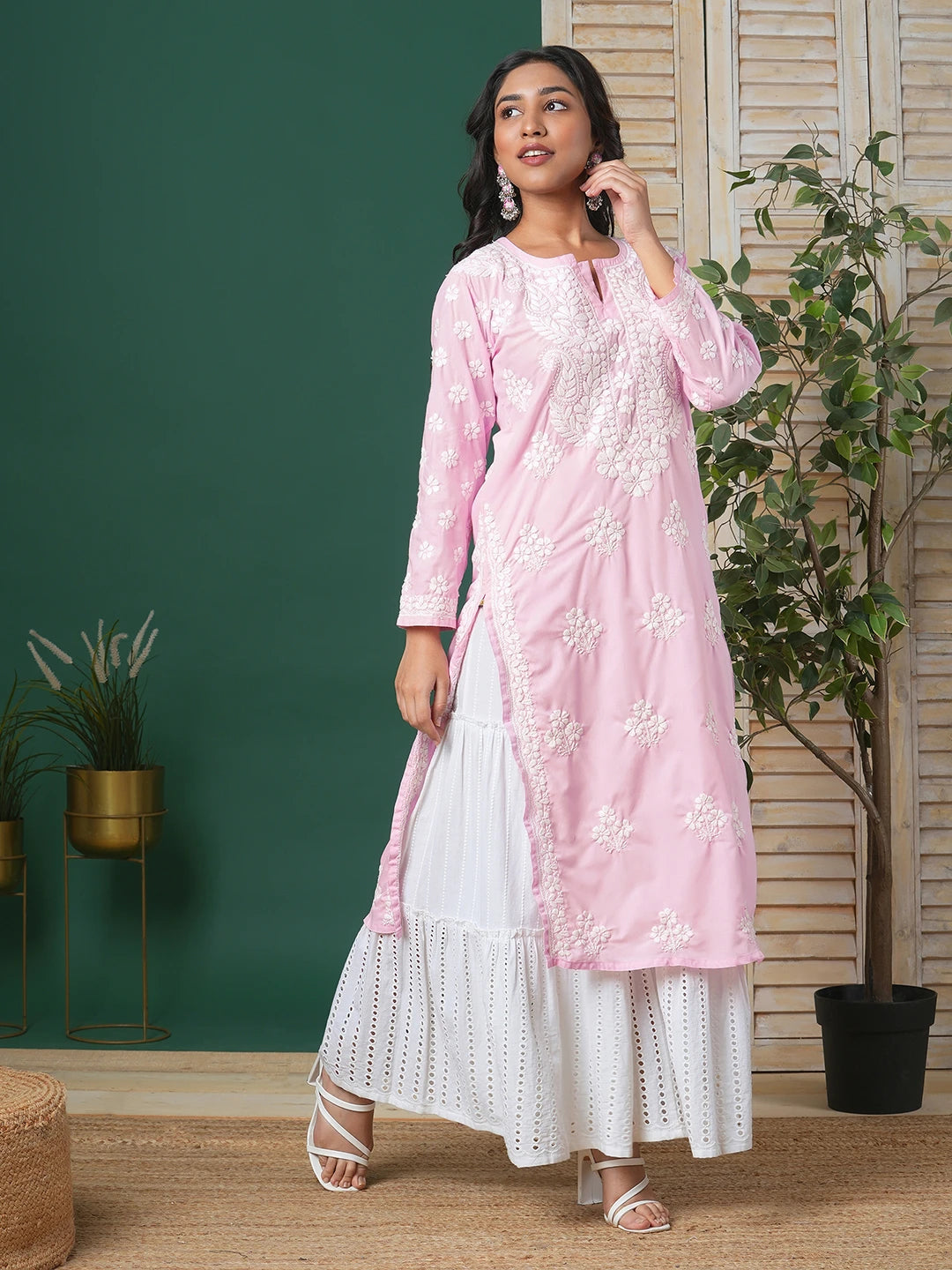 Ada Hand Embroidered Pink Cotton Lucknowi Chikankari Straight Kurta A411699