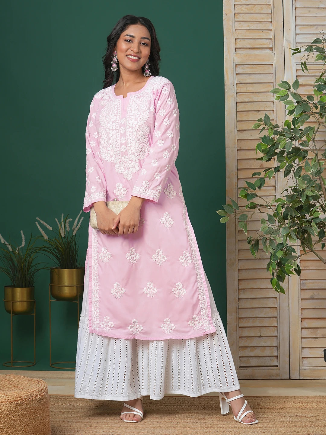 Ada Hand Embroidered Pink Cotton Lucknowi Chikankari Straight Kurta A411699