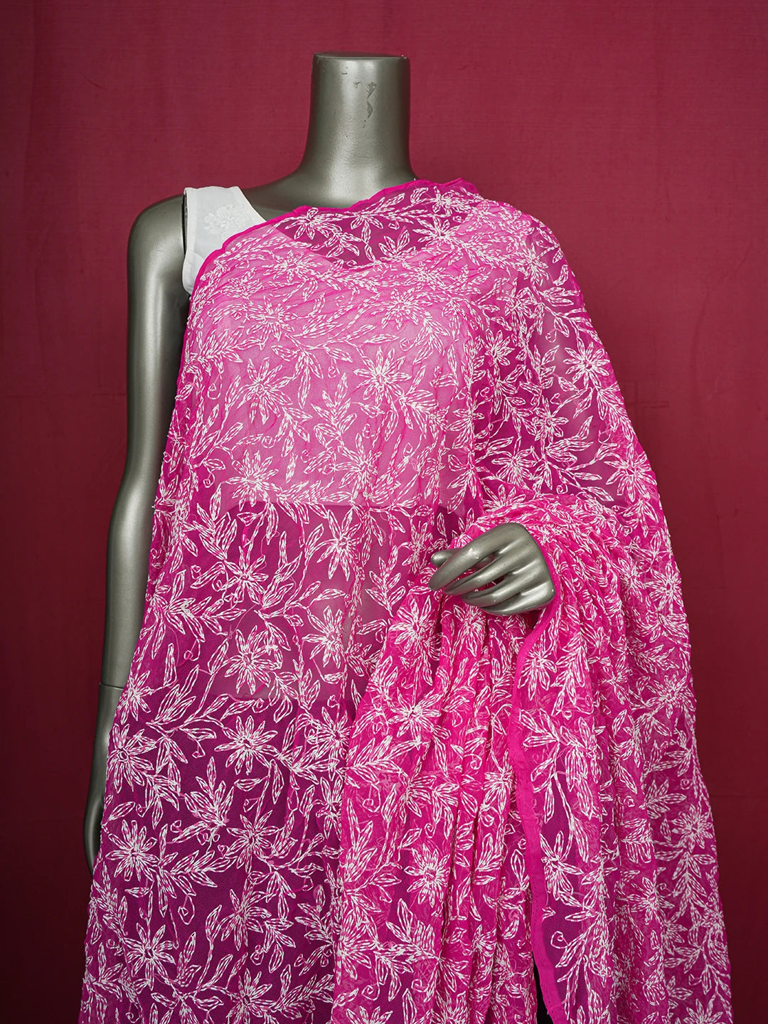 Ada Hand Embroidered Magenta Georgette Lucknowi Chikankari Dupatta 01A560751