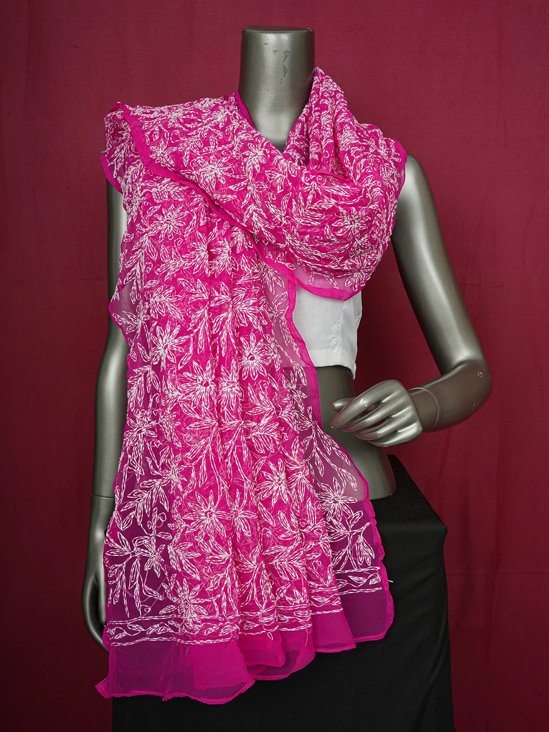Ada Hand Embroidered Magenta Georgette Lucknowi Chikankari Dupatta 01A560751
