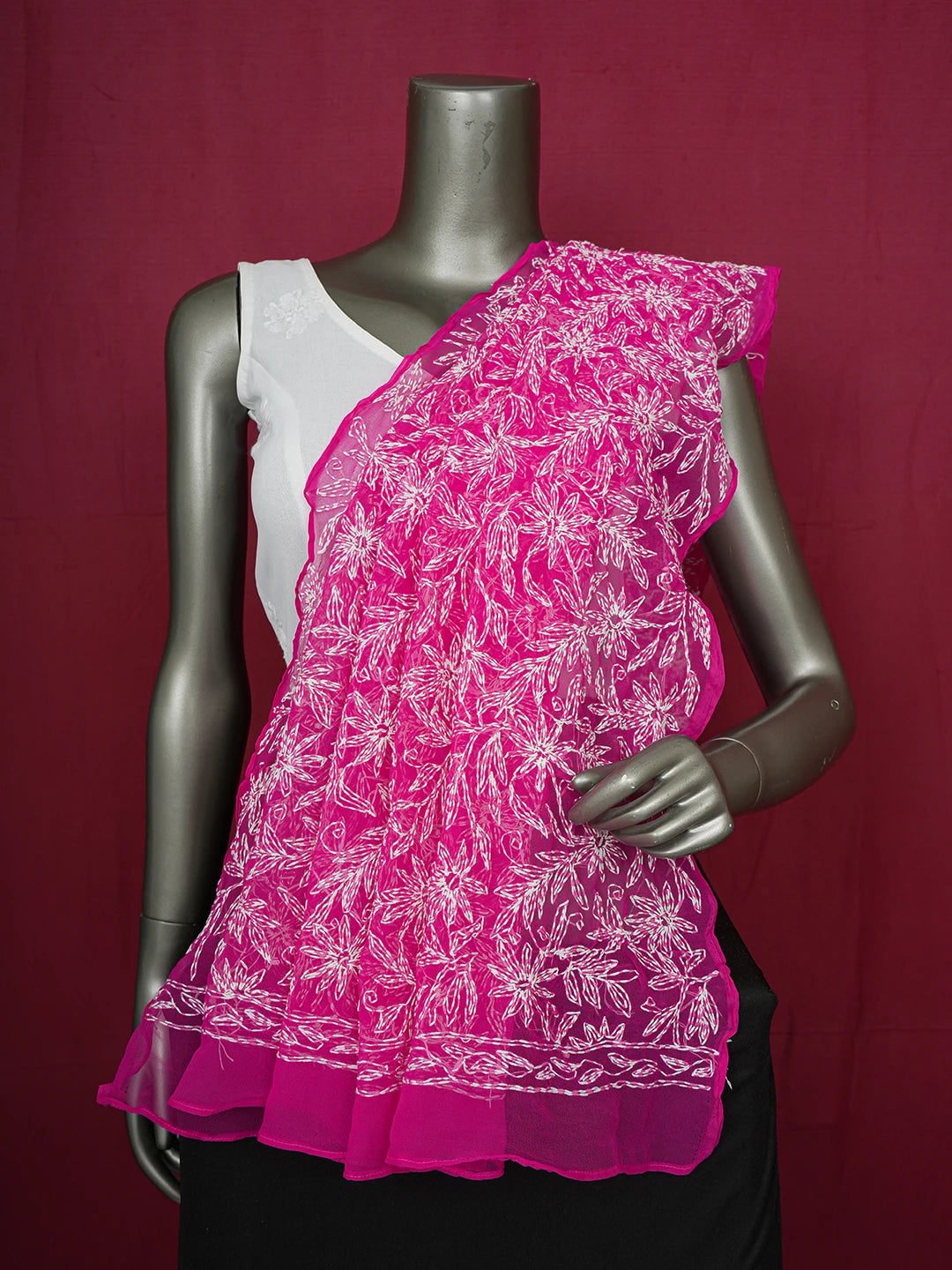 Ada Hand Embroidered Magenta Georgette Lucknowi Chikankari Dupatta 01A560751