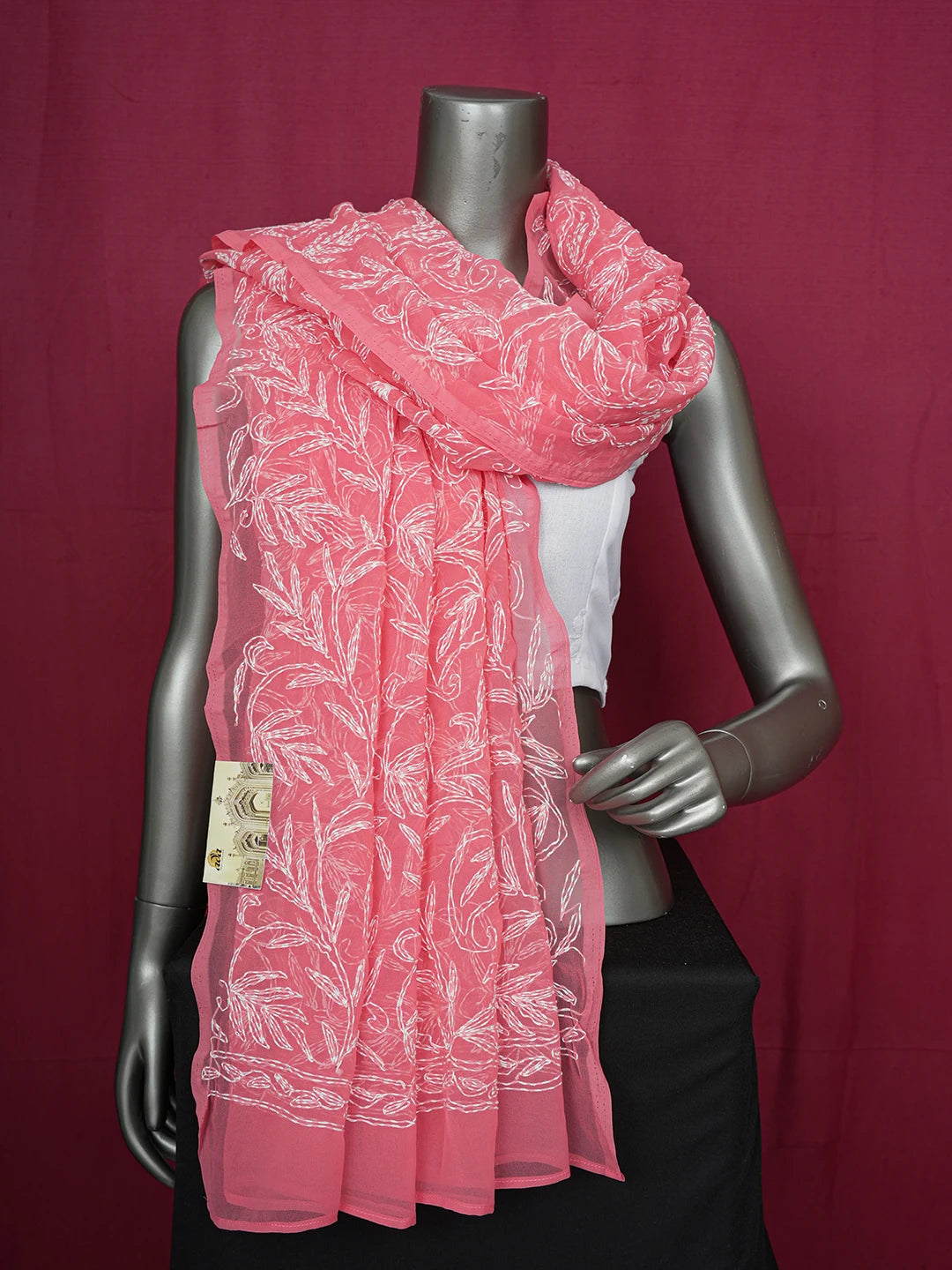 Ada Hand Embroidered Carrot Pink Georgette Lucknowi Chikankari Dupatta 01A560151