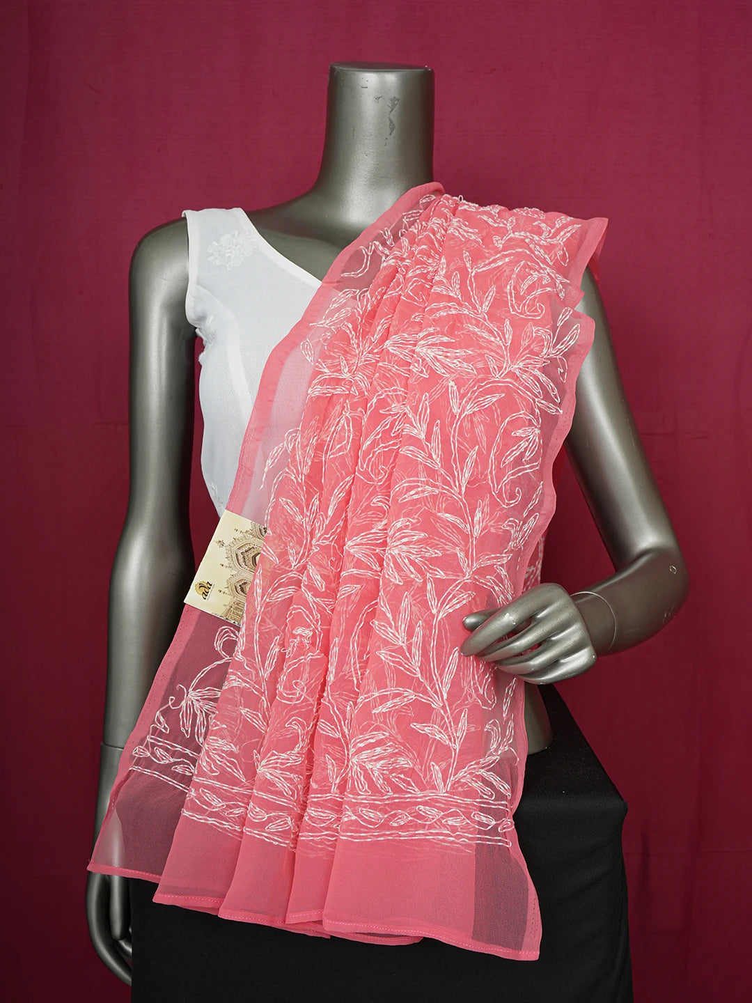 Ada Hand Embroidered Carrot Pink Georgette Lucknowi Chikankari Dupatta 01A560151