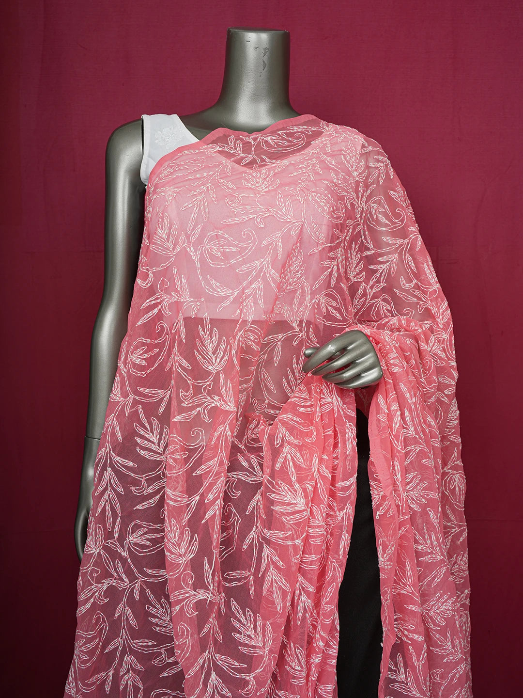 Ada Hand Embroidered Carrot Pink Georgette Lucknowi Chikankari Dupatta 01A560151