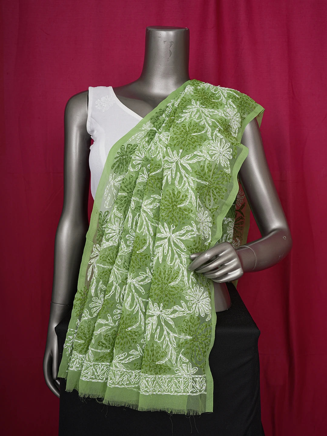 Ada Hand Embroidered Green Georgette Lucknowi Chikankari Dupatta 01A211074