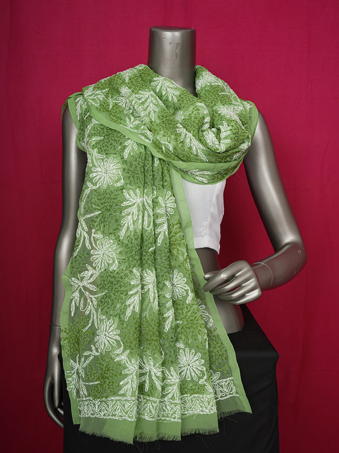 Ada Hand Embroidered Green Georgette Lucknowi Chikankari Dupatta 01A211074
