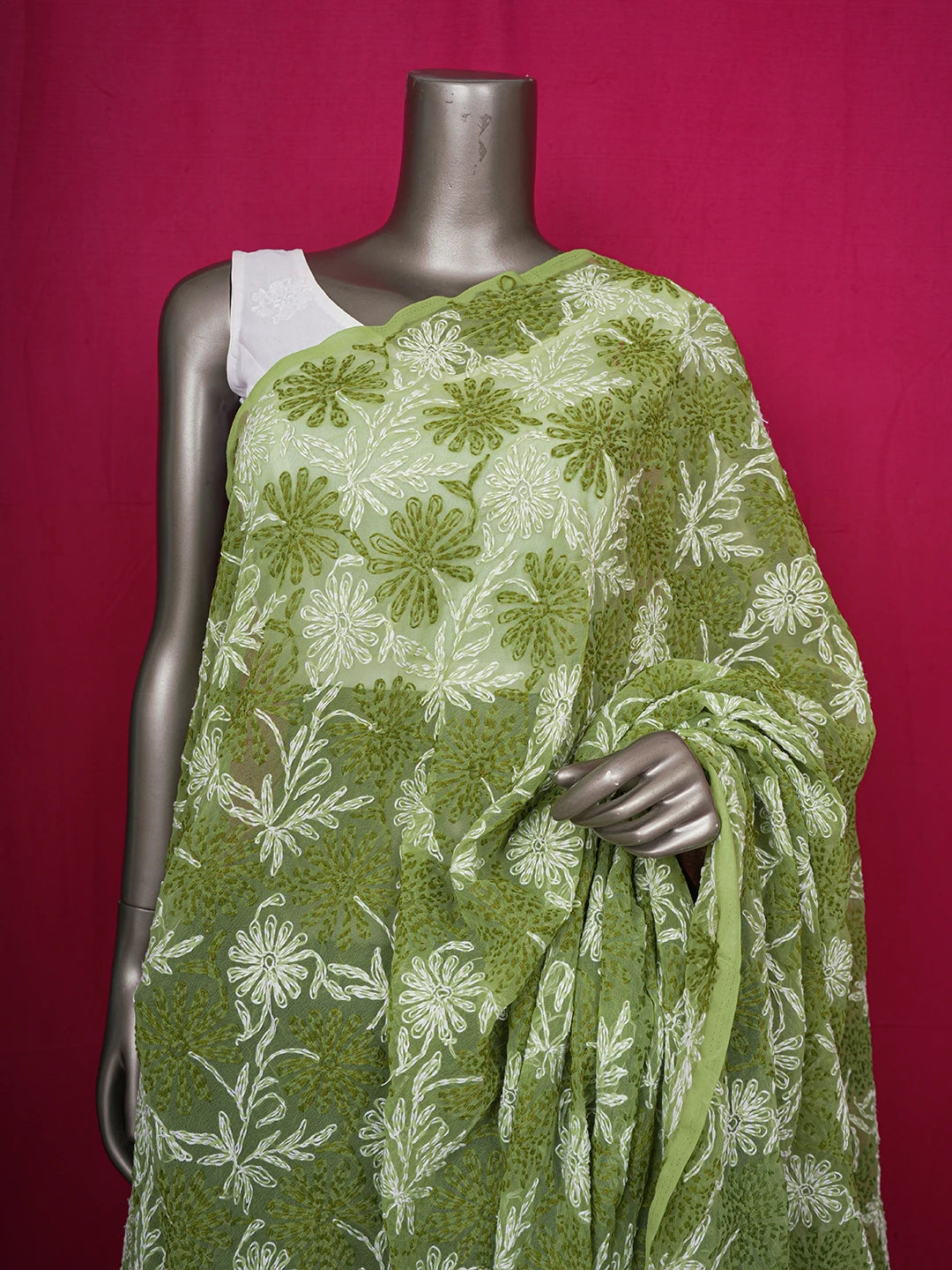 Ada Hand Embroidered Green Georgette Lucknowi Chikankari Dupatta 01A211074