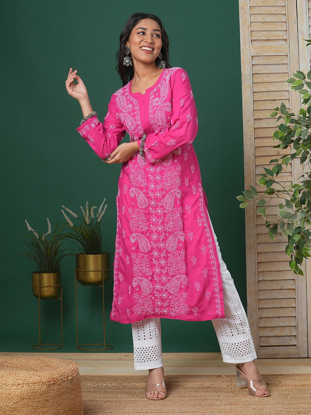 Ada Hand Embroidered Magenta Cotton Lucknowi Chikankari Straight Kurta A411676