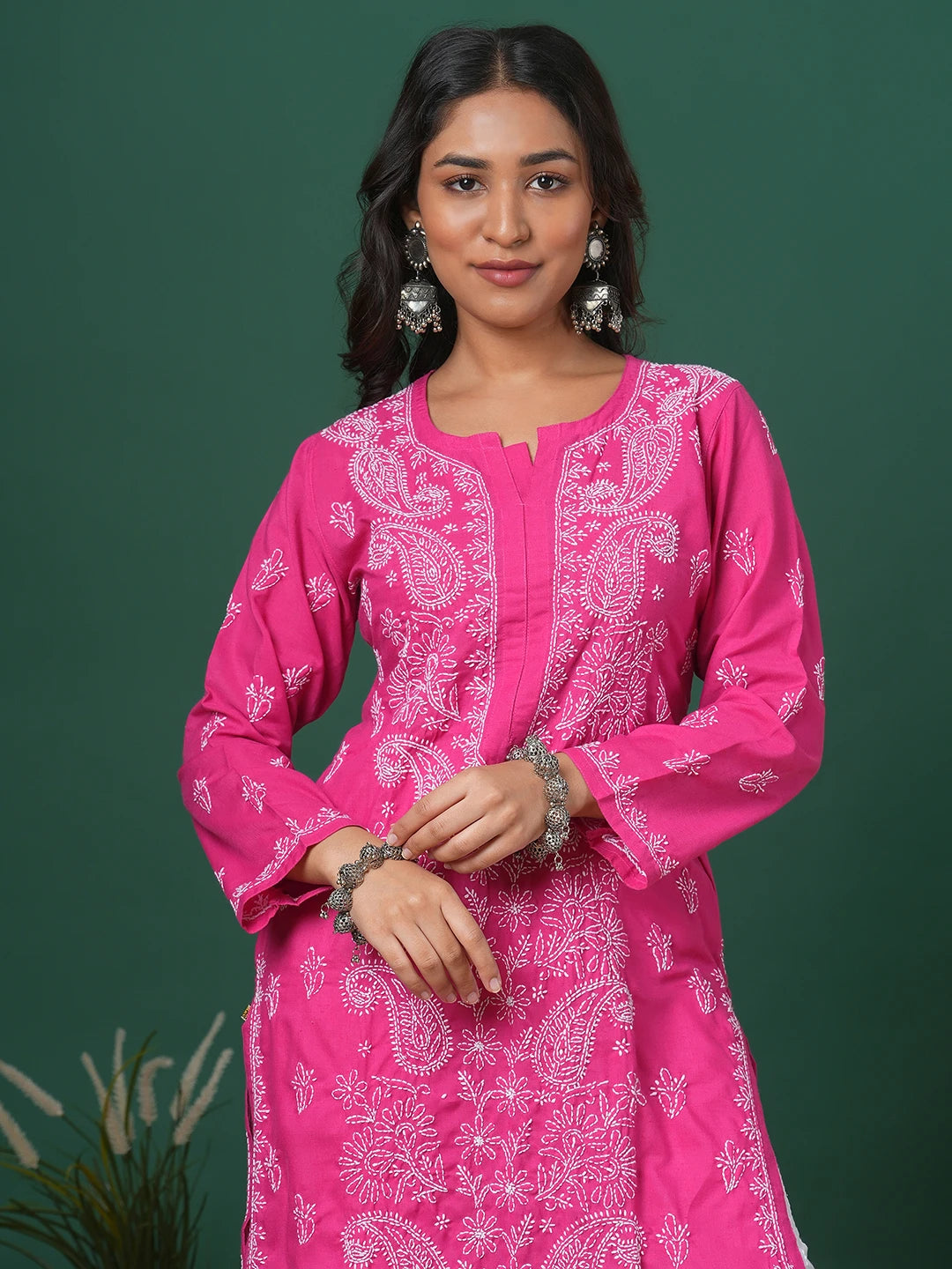 Ada Hand Embroidered Magenta Cotton Lucknowi Chikankari Straight Kurta A411676