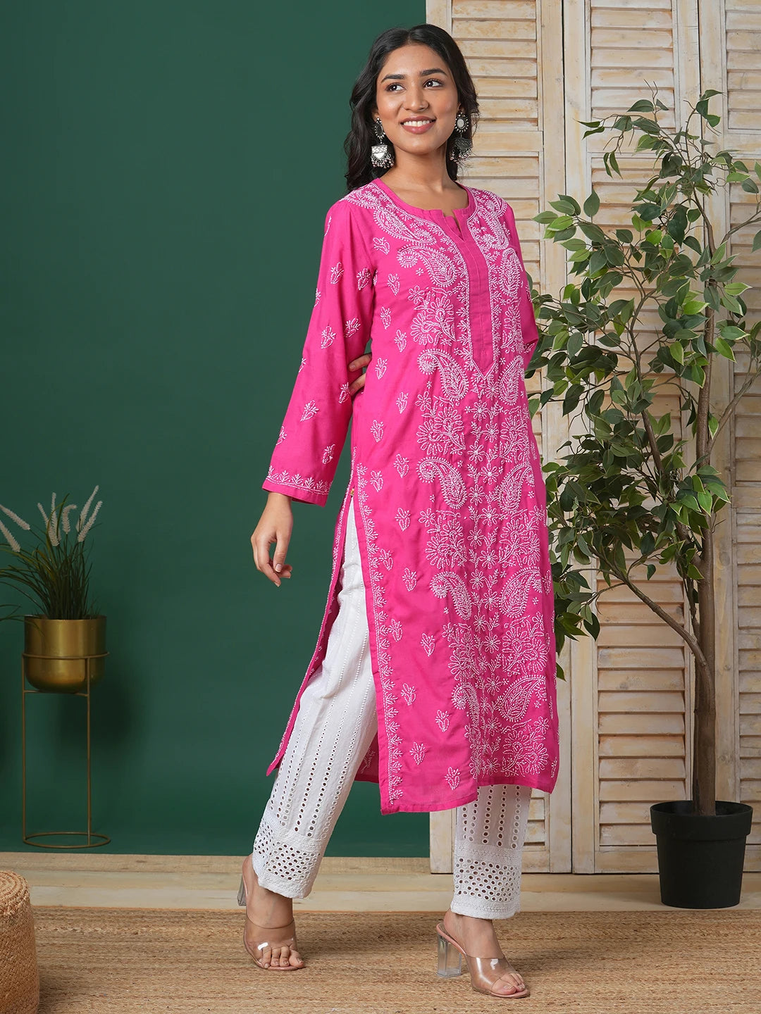 Ada Hand Embroidered Magenta Cotton Lucknowi Chikankari Straight Kurta A411676