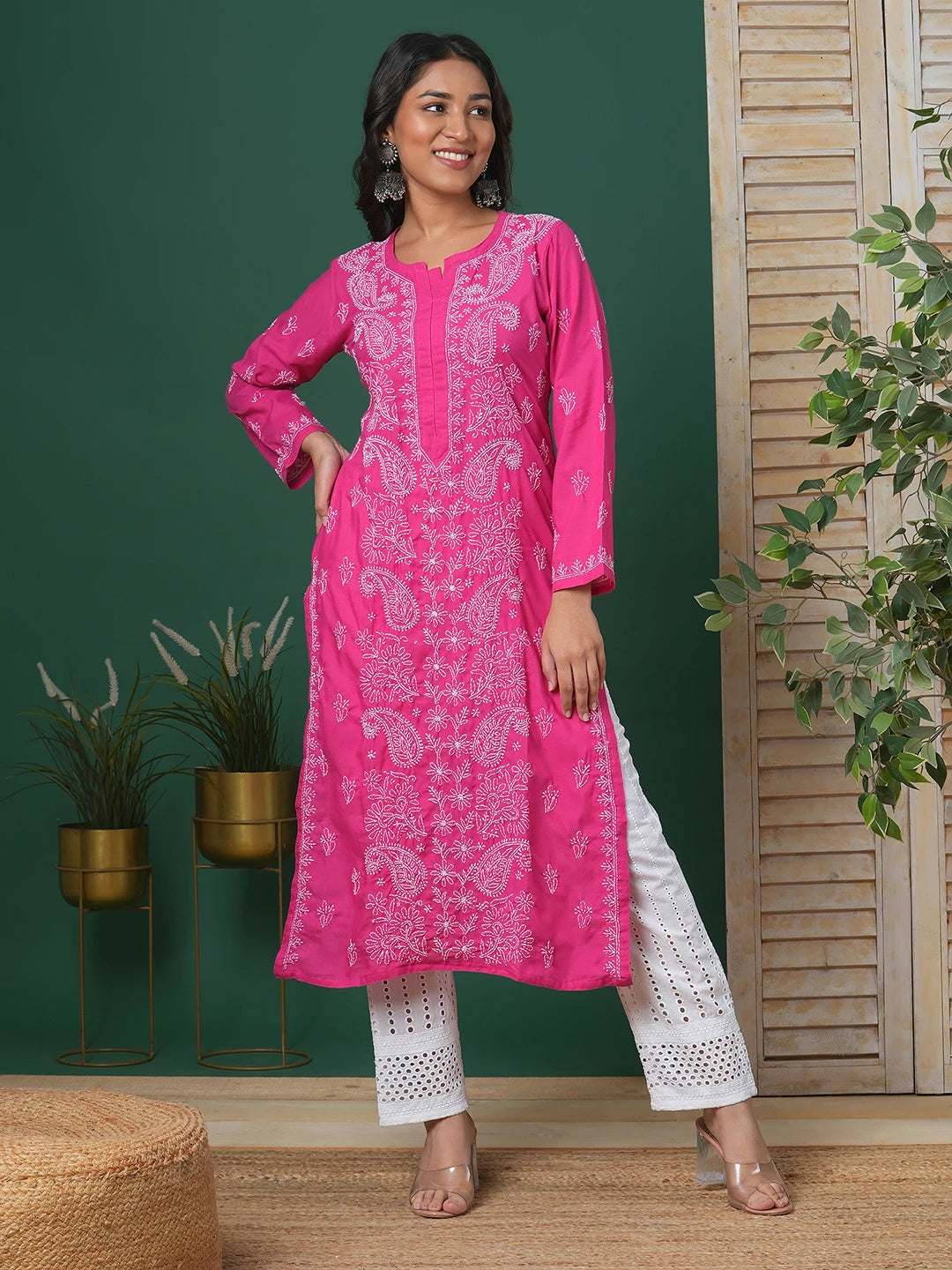 Ada Hand Embroidered Magenta Cotton Lucknowi Chikankari Straight Kurta A411676