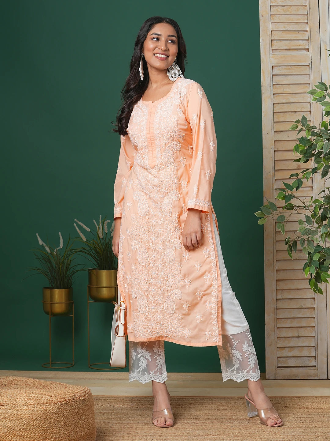 Ada Hand Embroidered Peach Cotton Lucknowi Chikankari Straight Kurta A411682