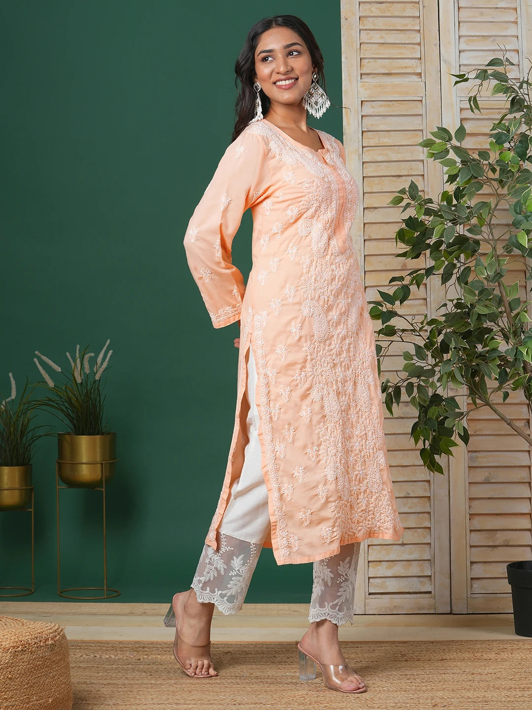 Ada Hand Embroidered Peach Cotton Lucknowi Chikankari Straight Kurta A411682