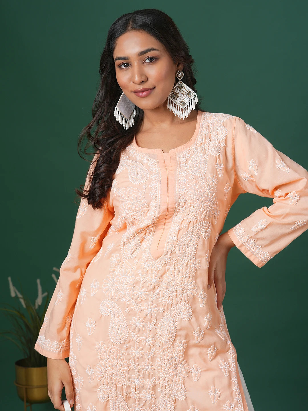 Ada Hand Embroidered Peach Cotton Lucknowi Chikankari Straight Kurta A411682