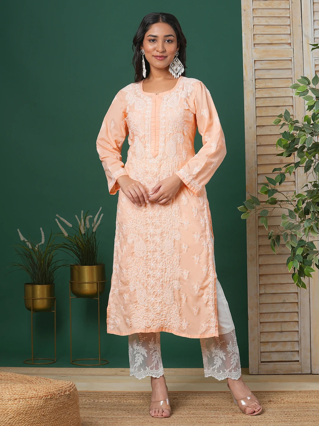 Ada Hand Embroidered Peach Cotton Lucknowi Chikankari Straight Kurta A411682